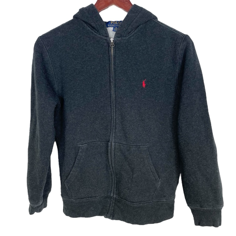 Polo Ralph Lauren Kids Charcoal Gray Full Zip Hoodie w/ Red Logo Size L (14/16)